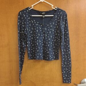 Just Polly Floral Navy Ribbed Long Sleeve Cropped Tee
